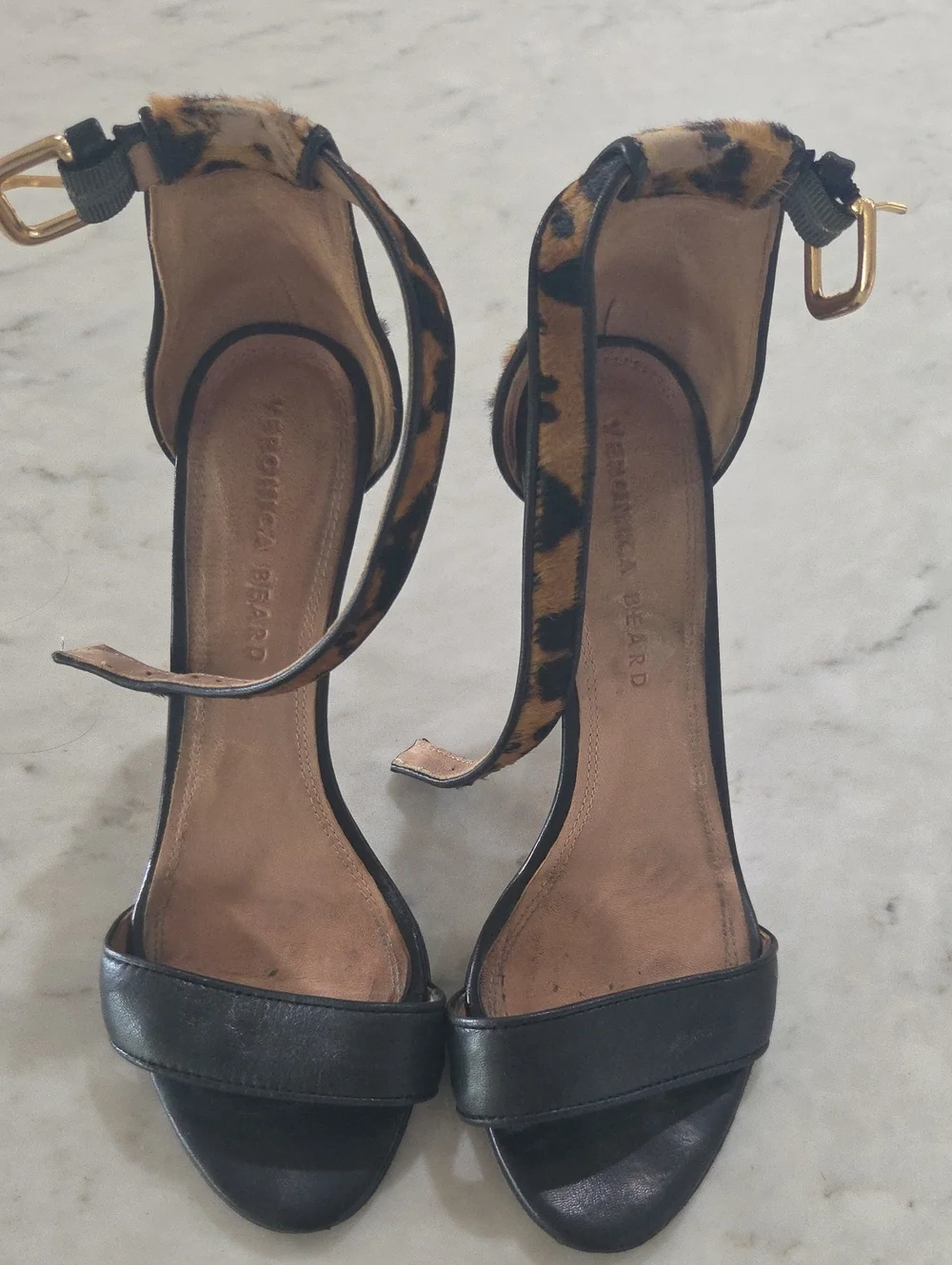 Veronica Beard Black Leather Sandals with Leopard Ankle Straps